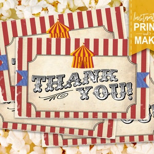 Cartes de remerciement cirque - téléchargement immédiat - carte-cadeau imprimable, étiquettes de faveur d'anniversaire, style vintage, chapiteau, à imprimer vous-même, éléphant
