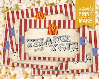 Circus Thank You Cards - INSTANT DOWNLOAD - Printable Gift Card, Birthday Favor Tags, Vintage Style, Big Top, Print it Yourself, Elephant