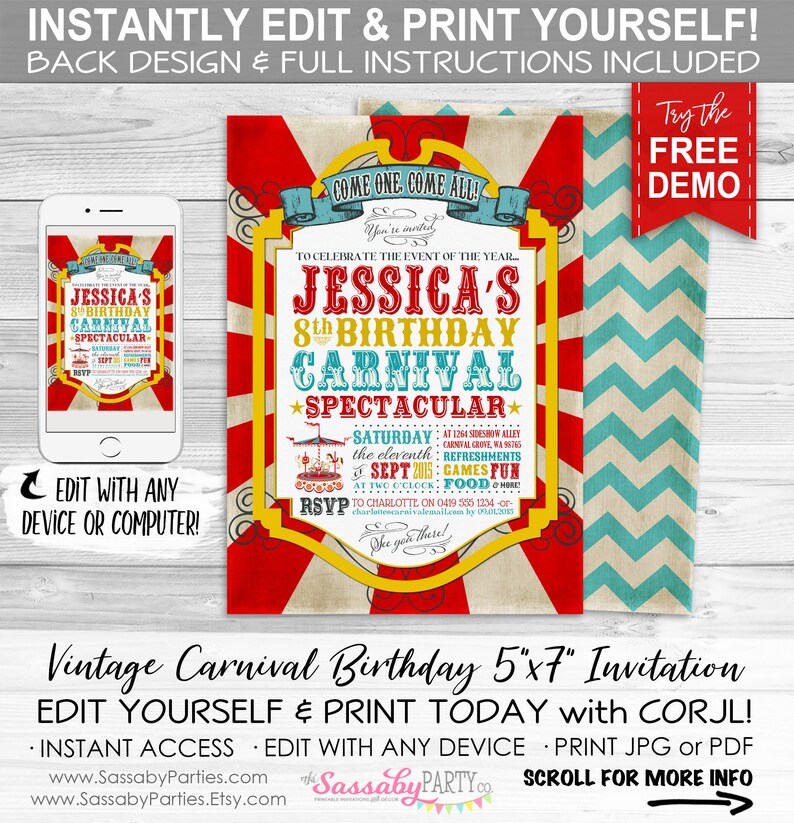 Carnival Birthday Invitation INSTANT DOWNLOAD Edit & Print Today, Circus, Sideshow, Party Invite, Vintage Carousel, Come one Come All image 1
