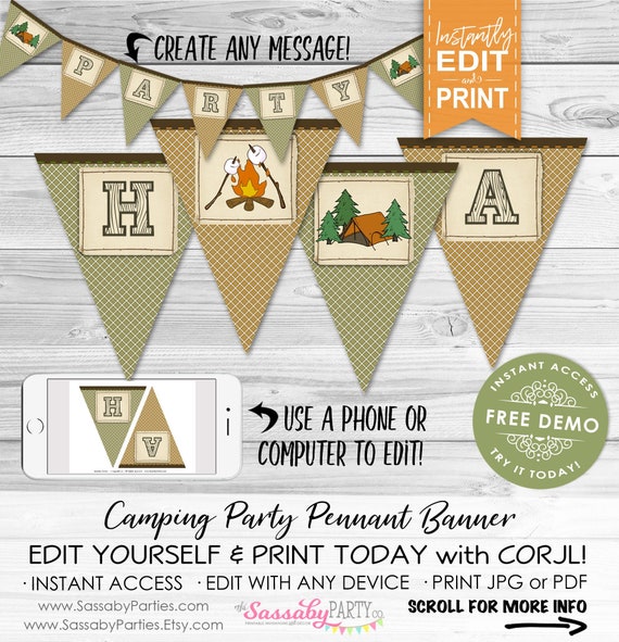 Camping Party Banner Instant Download Editable Printable