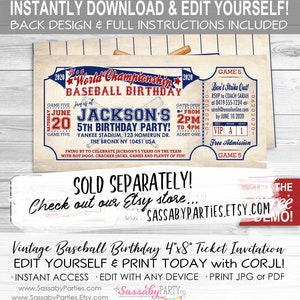 K&ouml;nnte beinhalten: Eine Vintage-Baseball-Einladungskarte f&uuml;r eine 5. Geburtstagsfeier. Die Karte ist rot, wei&szlig; und blau mit einem Baseball-Thema. Der Text auf der Karte lautet "It's a World Championship Baseball Birthday" und "Jackson's 5th Birthday Party!" Die Karte ist 10 cm x 20 cm gro&szlig; und kann mit Corjl bearbeitet und gedruckt werden.
