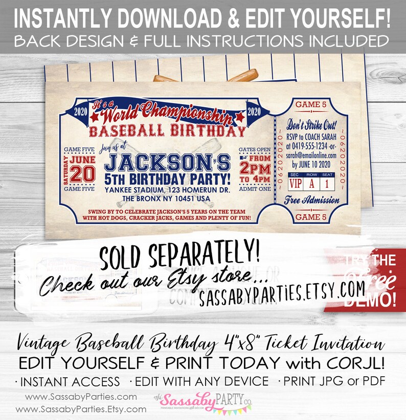 K&ouml;nnte beinhalten: Eine Vintage-Baseball-Einladungskarte f&uuml;r eine 5. Geburtstagsfeier. Die Karte ist rot, wei&szlig; und blau mit einem Baseball-Thema. Der Text auf der Karte lautet "It's a World Championship Baseball Birthday" und "Jackson's 5th Birthday Party!" Die Karte ist 10 cm x 20 cm gro&szlig; und kann mit Corjl bearbeitet und gedruckt werden.