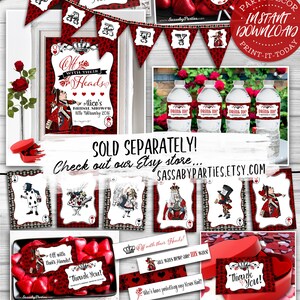 May include: Printable Queen of Hearts party decorations in red and black with a white background. The decorations include a banner, water bottle labels, favour tags, and a sign that says "Off with their Heads!"  The decorations are perfect for a bridal shower or a themed party.