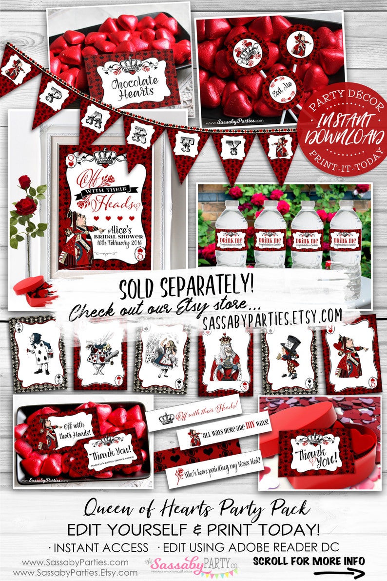 May include: Printable Queen of Hearts party decorations in red and black with a white background. The decorations include a banner, water bottle labels, favour tags, and a sign that says "Off with their Heads!"  The decorations are perfect for a bridal shower or a themed party.