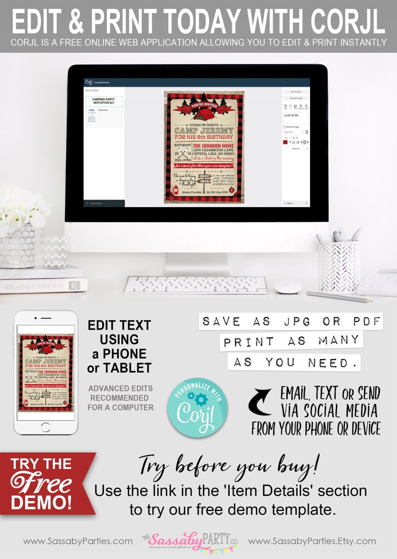 Camping Party Invitation, Red, Lumberjack, Any Age, Tent, Scouts, Summer Camp, Smores, Arrows, Campfire, Compass, Woods, Instant Download, Printable Birthday, Print Yourself
