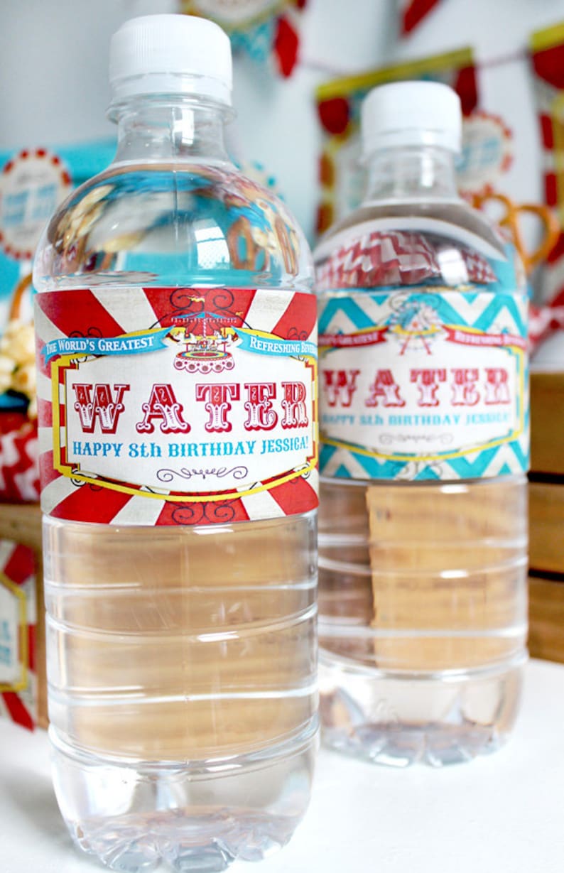 Carnvial Water Bottle Labels, Red Stripes, Printable Birthday Party Decorations, Edit Print Yourself, Instant Download, Sideshow Alley, Circus, Carousel