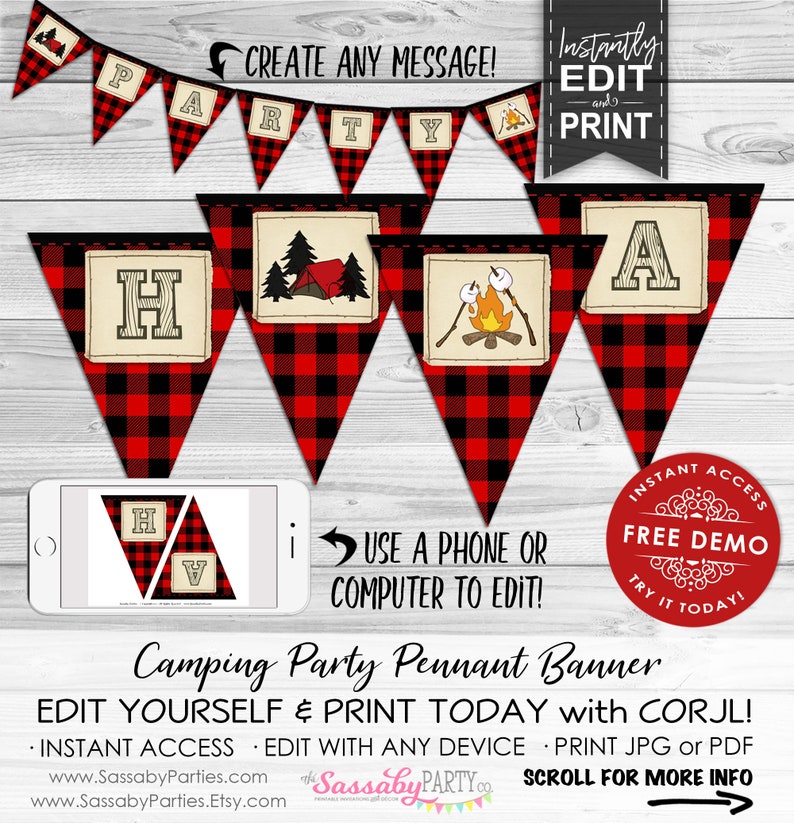 Camping Party Banner, Bunting, Pennant Flags, Red Lumberjack, Create Your Message, Campfire, Smores, Tent, Camp Birthday Decorations, Decor, Bday, Edit Text, Editable, Printable, Print Yourself, Instant Download,