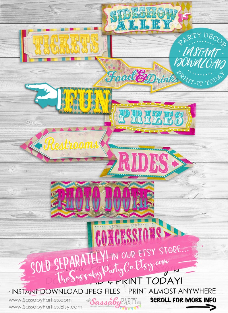 May include: Printable carnival sign set with a vintage aesthetic. The signs feature a variety of carnival themes, including tickets, fun, rides, food and drinks, prizes, restrooms, photo booth, and concessions. The signs are designed in a colorful and whimsical style with a mix of pink, yellow, blue, and green colors.