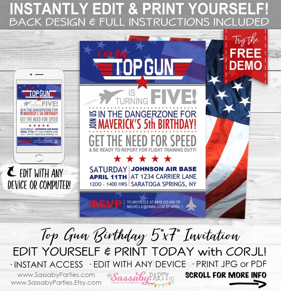 Top Gun Birthday Invitation - INSTANT DOWNLOAD - Partially Editable & Printable, Any Age, Party Invite, Fighter Jet Pilot, Navy, Edit Print Il_570xn