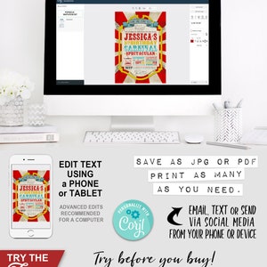 Carnival Invitation, Invite, Edit with Corjl, Any Age, Birthday, Red, Carousel, Ferris Wheel, Instant Download, Edit Text, Editable, Printable, Come One Come All, Print Yourself, Use Any Device