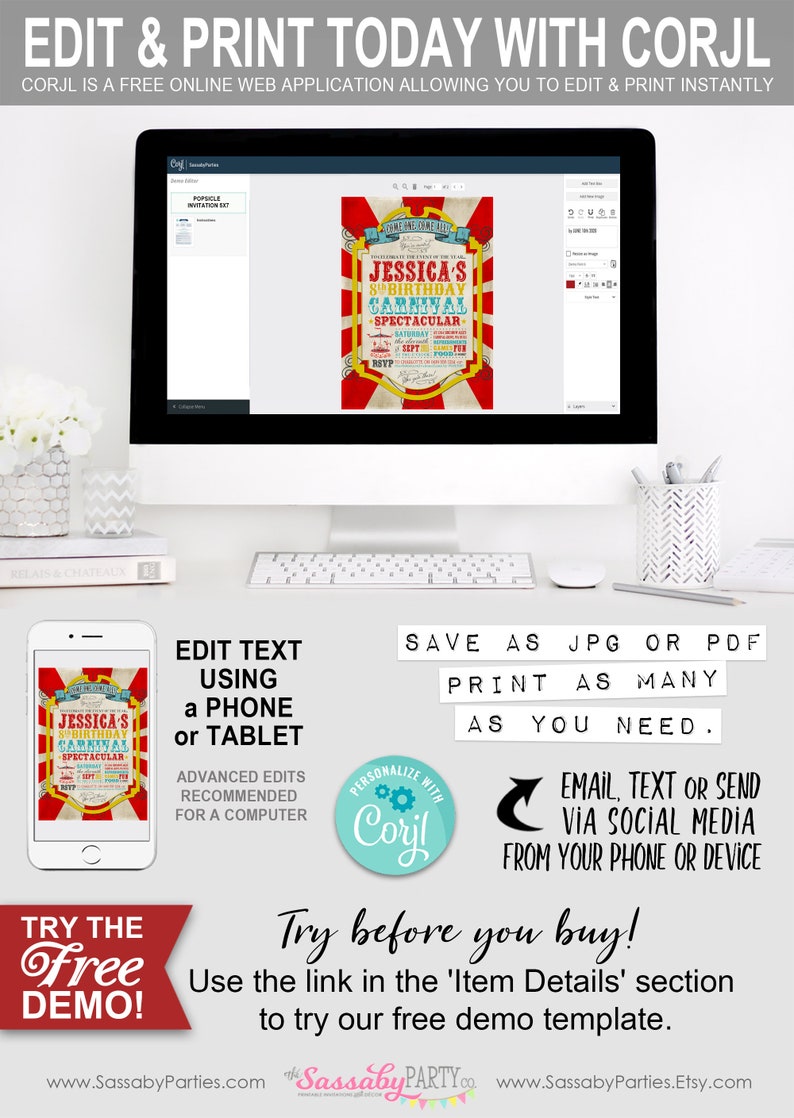 Carnival Invitation, Invite, Edit with Corjl, Any Age, Birthday, Red, Carousel, Ferris Wheel, Instant Download, Edit Text, Editable, Printable, Come One Come All, Print Yourself, Use Any Device