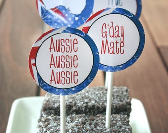 Australia Day Party Circles/Favor Tags - INSTANT DOWNLOAD - Printable Aussie, BBQ, Food, Cupcake Topper, Decorations, Decor, Gift, GDay