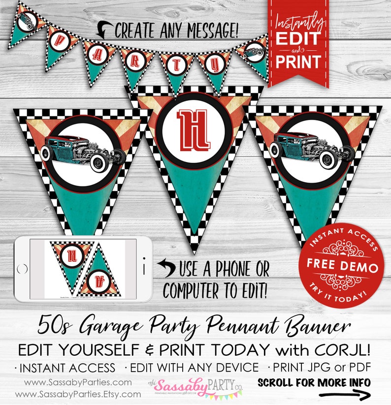 50s Garage Hot Rod Banner, Bunting, Pennant Flags, Classic Car Birthday Decor, Decorations, Create Your Message, Retro, Grease, Diner, Rockabilly, Rock n Roll, Route 66, Retirement, Printable, Print Yourself, Instant Download, Editable, Edit Text