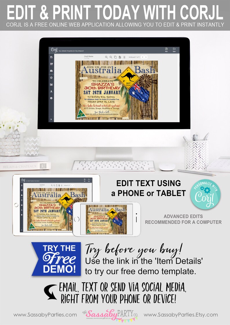 Australian Party Invitation, Bday Invite, Animals, Australia Party, Birthday, Koala, Kangaroo, Aussie, True Blue, Outback, BBQ, Edit Yourself, Editable, Instant Download, Printable, Print Yourself,