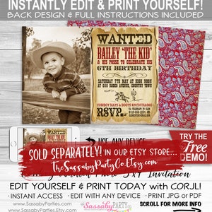 May include: A printable, customisable invitation for a 6th birthday party with a Western theme. The invitation features a wanted poster design with a photo of a young boy wearing a cowboy hat. The text on the poster reads "WANTED BAILEY 'THE KID' & HIS POSSE TO CELEBRATE HIS 6TH BIRTHDAY".