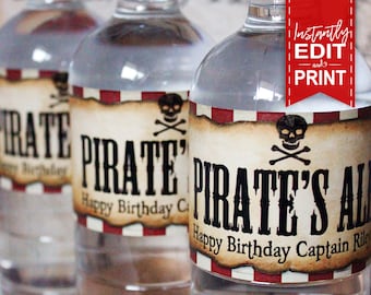 Pirate Water Bottle Labels - INSTANT DOWNLOAD - Editable & Printable Birthday Party Decorations, Decor, Drinks, Food, Jolly Roger