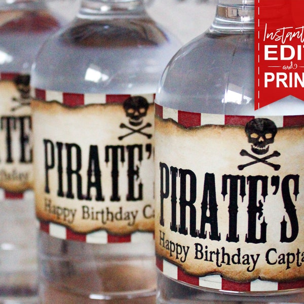 Pirate Water Bottle Labels - INSTANT DOWNLOAD - Editable & Printable Birthday Party Decorations, Decor, Drinks, Food, Jolly Roger