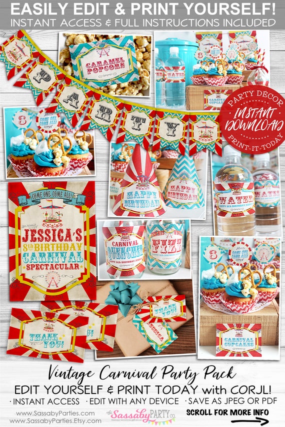 Vintage Carnival Party Pack - INSTANT DOWNLOAD - Printable & Editable Birthday Party Decorations, Decor, Carousel, Circus, Hats, Labels Il_570xn