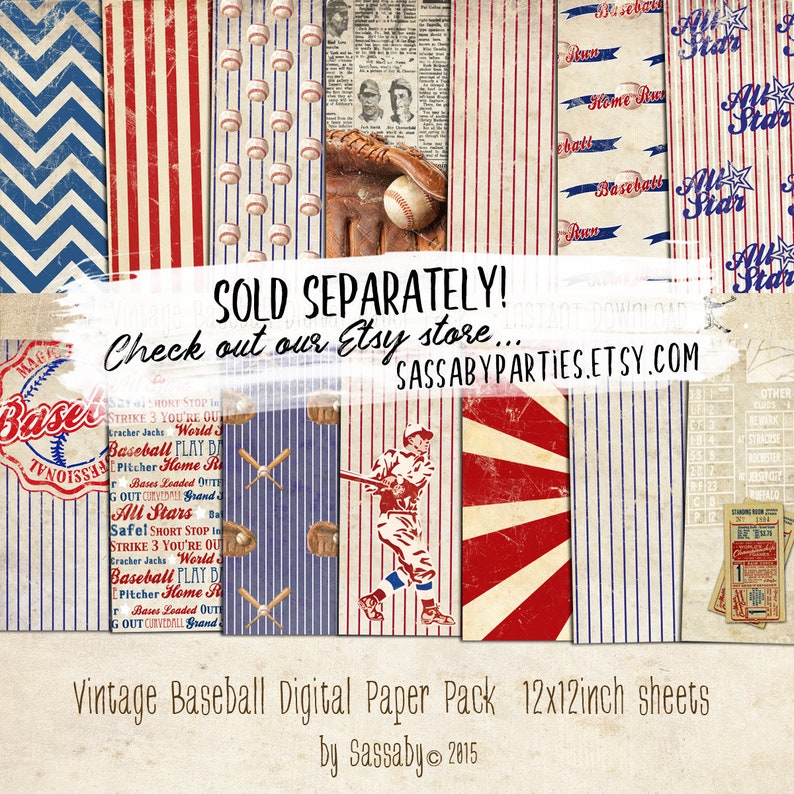 Pode incluir: Pacote de papel digital vintage de beisebol com folhas de 30,5 x 30,5 cm. O pacote inclui uma variedade de designs com bolas de beisebol, bast&otilde;es, listras e estrelas em vermelho, branco e azul.