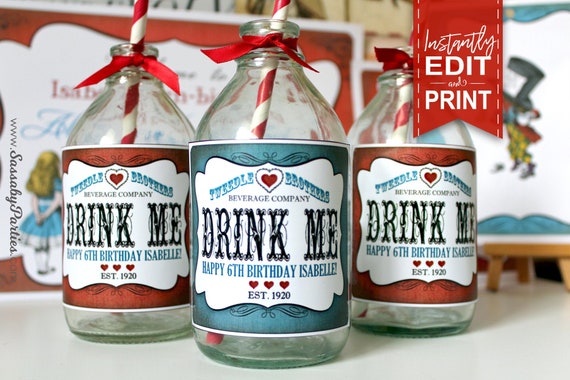 Alice in Wonderland Drink Bottle Labels - INSTANT DOWNLOAD - Editable & Printable Party Decorations, Decor, Mad Hatter, Water, Juice, Soda Il_570xn