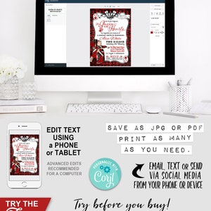 Alice in Wonderland, Red Queen of Hearts, Invitation, Invite, Tea Party, Edit Text, Editable, Printable Birthday Party Decorations, Print Yourself, Instant Download, Decor, Decoration, Print At Home, Digital Files