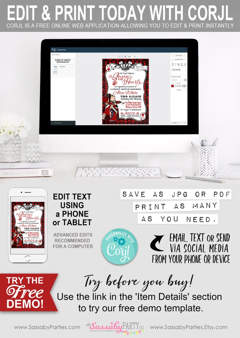 Alice in Wonderland, Red Queen of Hearts, Invitation, Invite, Tea Party, Edit Text, Editable, Printable Birthday Party Decorations, Print Yourself, Instant Download, Decor, Decoration, Print At Home, Digital Files