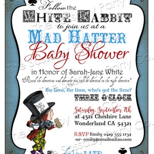 Alice in Wonderland Mad Hatter Tea Party Invitation, Blue Invite, Follow the White Rabbit, Edit Text, Editable, Printable, Print Yourself, Instant Download, Digital Files, Baby Shower, Blue,
