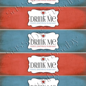 Alice in Wonderland Water Bottle Labels, Drink Me, Decor, Decorations, Red, Blue, Edit Text, Editable, Birthday, Queen of Hearts, White Rabbit, Mad Hatter Tea Party, Printable, Print Yourself, Instant Download, Digital Files