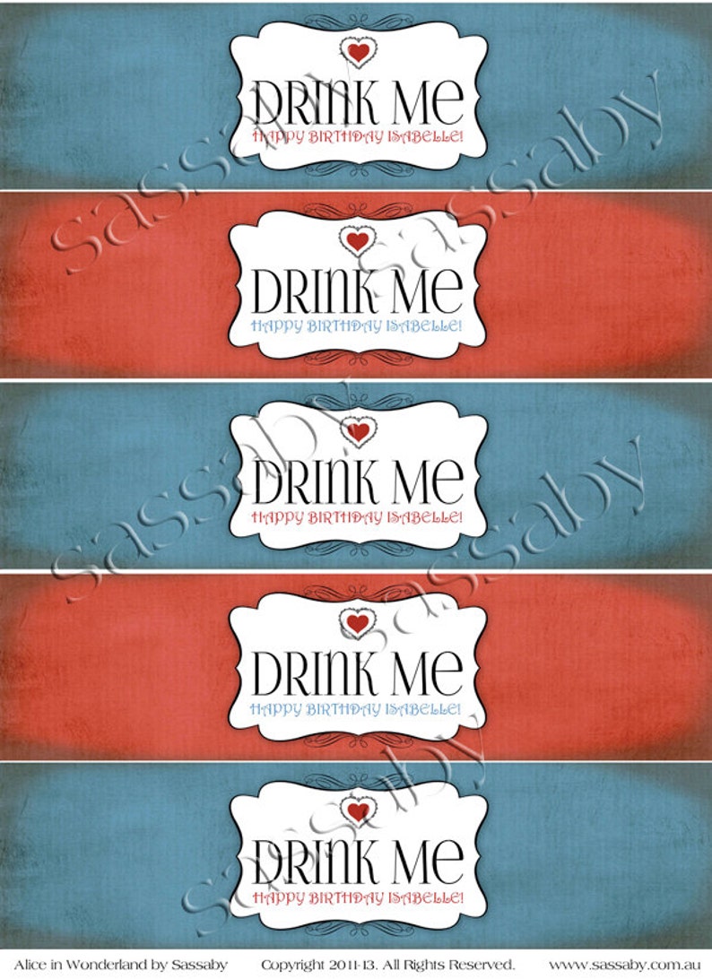 Alice in Wonderland Water Bottle Labels, Drink Me, Decor, Decorations, Red, Blue, Edit Text, Editable, Birthday, Queen of Hearts, White Rabbit, Mad Hatter Tea Party, Printable, Print Yourself, Instant Download, Digital Files