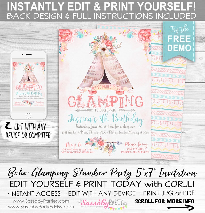 Boho, Glamping, Tent, Teepee, Invitation, Invite, Any Age, Girls, Birthday, Flowers, Floral, Feathers, Southwest, Pastel, Pretty, Dreamy, Pink, Editable, Edit Text, Printable, Birthday Party, Print Yourself, Instant Download, At Home, Digital Files