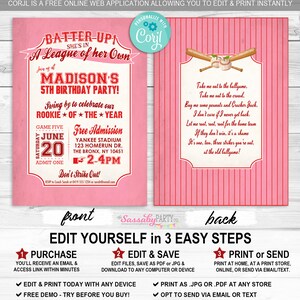 Girls Baseball Rockford Peaches, Birthday Invitation, Any Age, Ticket, Invite, Edit Text, Editable, Pink, Red, League of Her Own, All-Star, Party Printable, Print Yourself, Take Me Out to the Ballgame