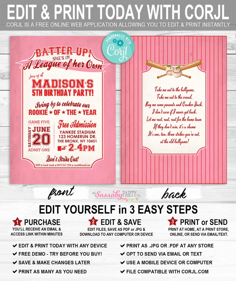 Girls Baseball Rockford Peaches, Birthday Invitation, Any Age, Ticket, Invite, Edit Text, Editable, Pink, Red, League of Her Own, All-Star, Party Printable, Print Yourself, Take Me Out to the Ballgame
