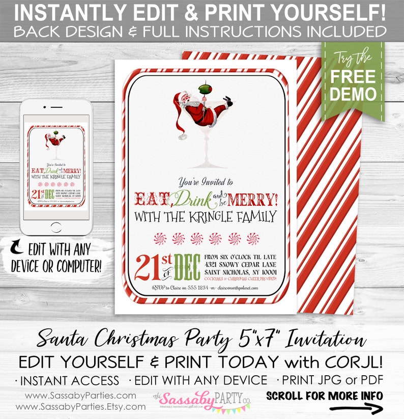 Christmas Party Invitation, Santa Claus, Cocktails, Cocktail, Eat Drink be Merry, Martini Glass, Instant Download, Print Yourself, Printable, Xmas, Edit Text, Editable
