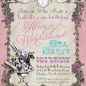 Alice in Wonderland Invitation, Pink Pastel, Invite, Tea Party, White Rabbit, Dont Be Late, Hearts, Editable, Instant Download, Printable Birthday, Print Yourself