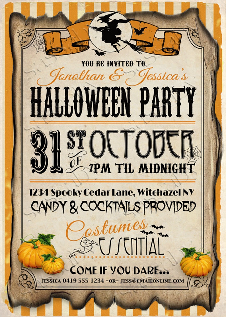 Halloween Party Invitation, Invite - INSTANT DOWNLOAD - Editable & Printable Pumpkin, Witch, Costume Party, Come if you Dare, Bats, Edit Yourself, Edit Text, Birthday, Candy, Cocktails