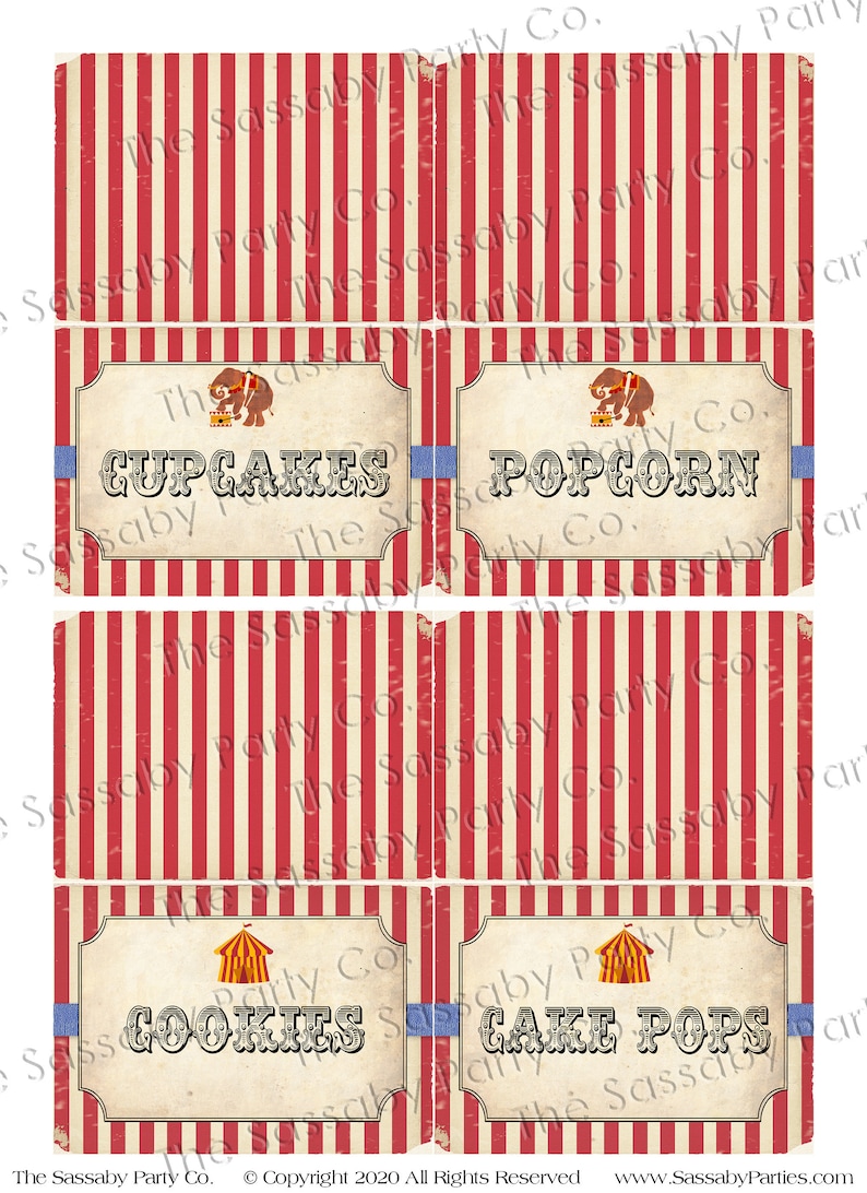 Carnival Circus Party Labels, Food, Candy, Tent Label, Birthday Party Decor, Big Top, Decorations, Edit Yourself, Editable, Stripes, Instant Download, Printable, Print Yourself, Come One Come All