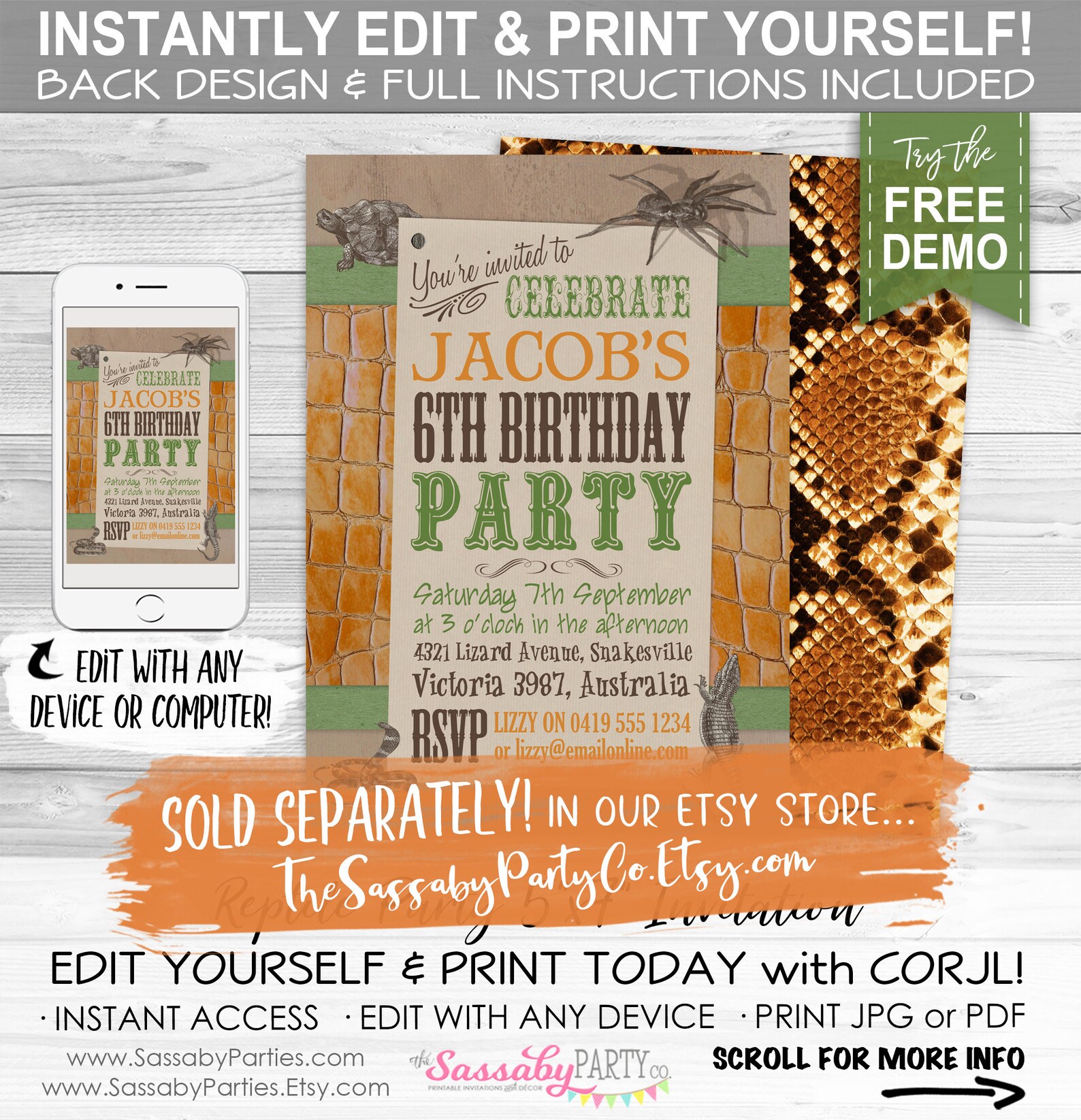 Reptile Party Pack INSTANT DOWNLOAD Editable &amp; Printable - Etsy