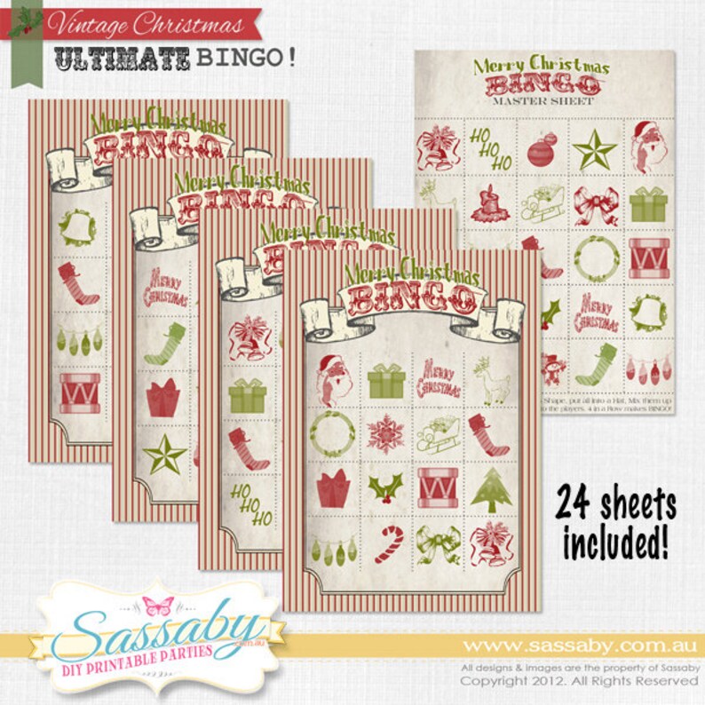 Christmas Bingo Set, Ultimate Party Game, 24 Sheets Included, Instant Download, Print Yourself, Printable, Xmas Decorations, Decor