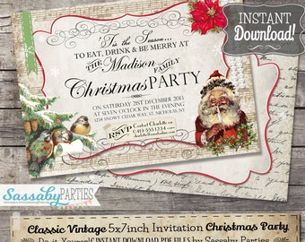 Classic Vintage Christmas Party Invitation - INSTANT DOWNLOAD - Partially Editable & Printable Traditional Elegant Christmas Family Invite