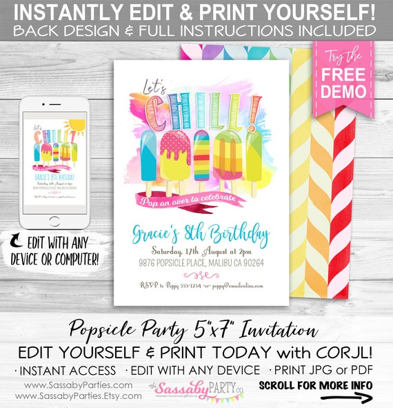 Popsicle Party Invitation - INSTANT DOWNLOAD - Editable & Printable, Girls, Pool, Birthday, Invite, Summer, Ice Cream, Lets Chill, Rainbow Il_570xn