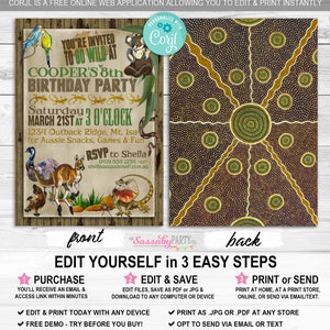 Australian Animals Invitation, Birthday Invite, Australia Party, Any Age Bday, Go Wild, Koala, Kangaroo, Aussie, True Blue, Outback, BBQ, Edit Text, Editable, Instant Download, Printable, Print Yourself,