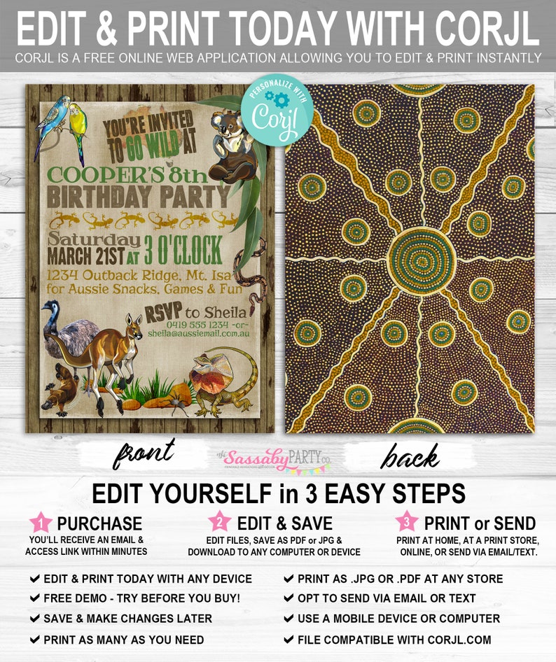 Australian Animals Invitation, Birthday Invite, Australia Party, Any Age Bday, Go Wild, Koala, Kangaroo, Aussie, True Blue, Outback, BBQ, Edit Text, Editable, Instant Download, Printable, Print Yourself,