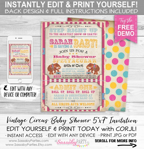 vintage circus invitation instant download edit print carnival elephant big top birthday party invite step right up greatest show create your own birthday invitations