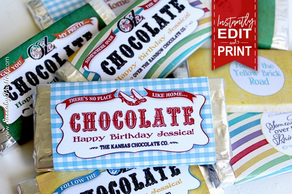 Wizard of Oz Chocolate Wrappers - INSTANT DOWNLOAD - Partially Editable & Printable, Birthday, Baby Shower, Party, Wraps, Decorations, Decor Il_570xn