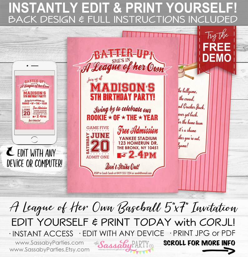 Girls Baseball Rockford Peaches, Birthday Invitation, Any Age, Ticket, Invite, Edit Text, Editable, Pink, Red, League of Her Own, All-Star, Party Printable, Print Yourself, Take Me Out to the Ballgame