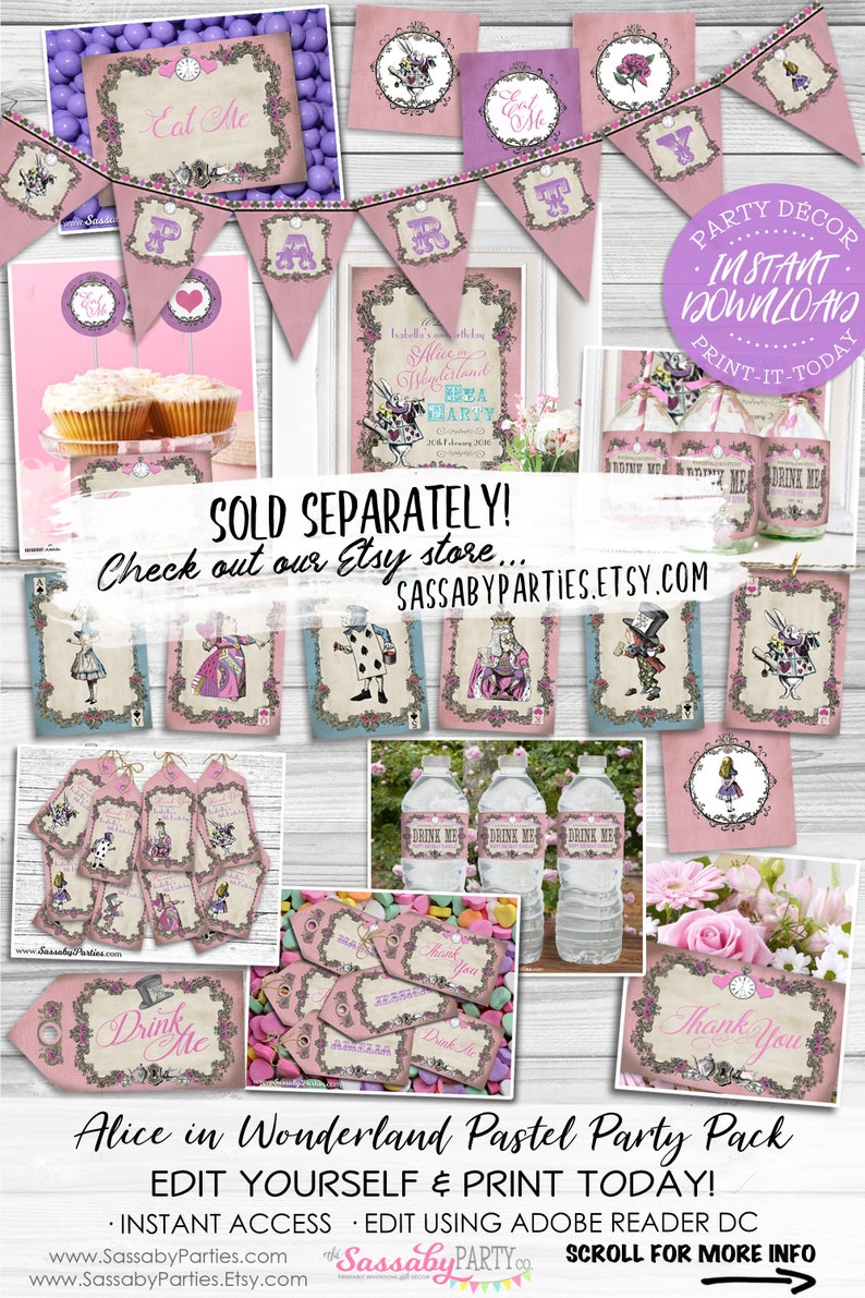 Puede incluir: Paquete de fiesta pastel de Alicia en el Pa&iacute;s de las Maravillas con elementos editables. Incluye una pancarta, adornos para cupcakes, etiquetas para botellas de agua, etiquetas de regalo y tarjetas de agradecimiento. Descarga instant&aacute;nea e imprime hoy.