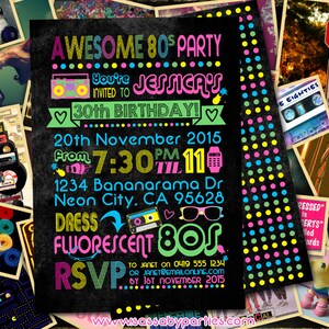 Awesome 80s Party Birthday Invitation, Eighties Invite, Neon, 30th Bday, 40th, Fluoro, Fluorescent, Bright, Retro, Printable, Print Yourself, Instant Download, Editable, Edit Text