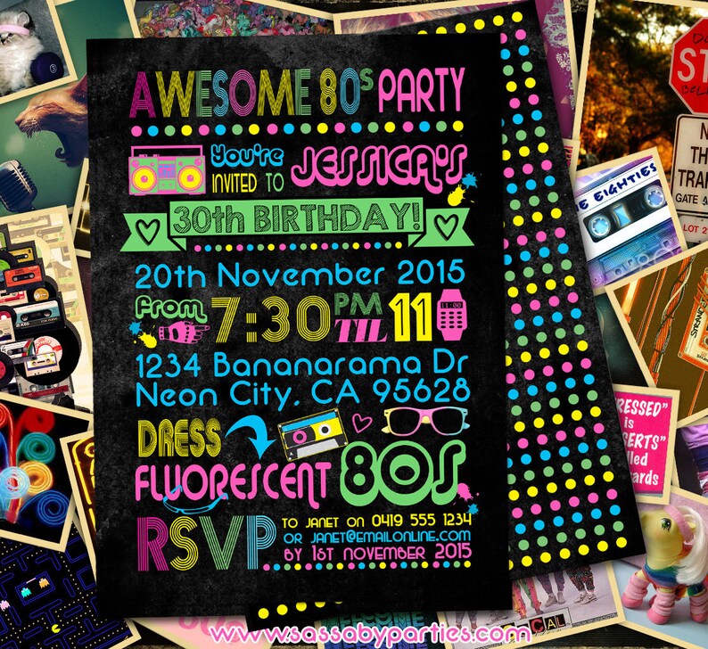 Awesome 80s Party Birthday Invitation, Eighties Invite, Neon, 30th Bday, 40th, Fluoro, Fluorescent, Bright, Retro, Printable, Print Yourself, Instant Download, Editable, Edit Text