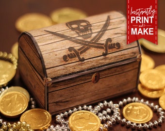 Cofre del tesoro pirata - DESCARGA INSTANTÁNEA - Imprimible, recuerdo de fiesta de cumpleaños, regalo, decoración, plantilla, Jolly Roger, hacer
