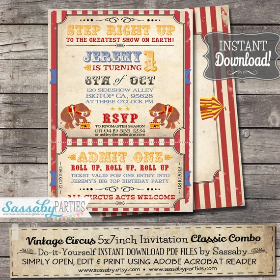 Vintage Circus Invitation - INSTANT DOWNLOAD - partially Editable & Printable Carnival, Elephant, Big Top, Birthday Party Invite Il_570xn